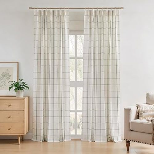 Central Park Sage Green Plaid Pinch Pleat Semi Sheer Curtain, 40" Lx84 Wx2