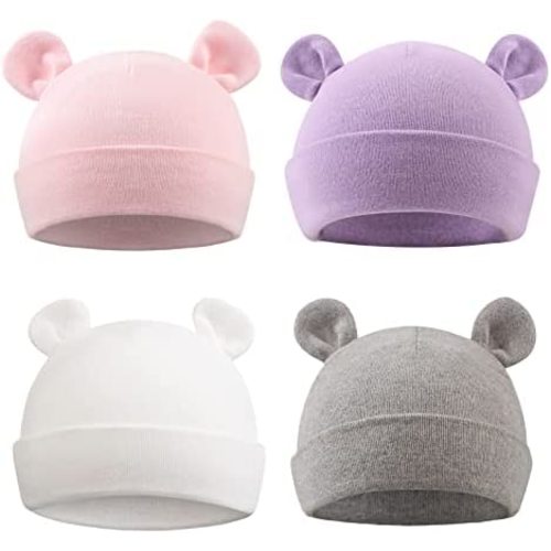 PEECABE Cotton Newborn Hospital Baby Hats 0-6 Months Infant Boy Girl Beanie Bear Ear Hat Set