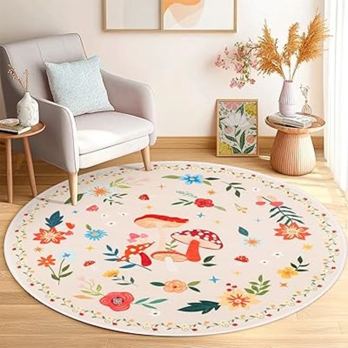 4' Machine Washable Round Area Rug, Non-Slip Vintage Floral Circle Floor Rugs for Kids, Low Pile Room Carpet for Living Room, Bedroom, Dining Room & Nursery(4' Beige Mushroom)