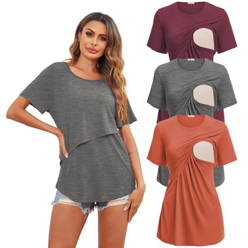 Ekouaer Women's Maternity Shirts Short Sleeves Nursing Tops 3 Pack Double Laye Breastfeeding Tees Pregnancy Clothes S-XXL
