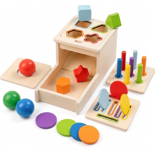 Montessori Toys for 1 Year Old, 4 in 1 Object Permanence Toys for Babies | Ball Drop Coin Box, Fine Motor Skills Color & Shape Sorting Toys for Toddlers, Sensory Toys for 6 12 18 Months Old