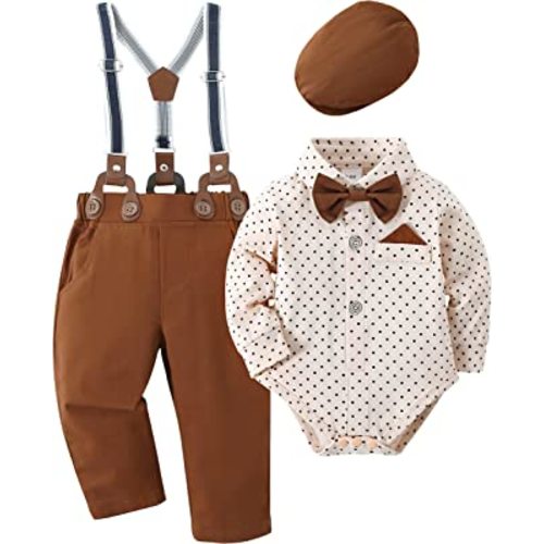 DISAUR Baby Boy Clothes Suits 4PCS Gentleman Outfit Dress Romper Beret Hat Suspender Pants Bow Tie Wedding Set
