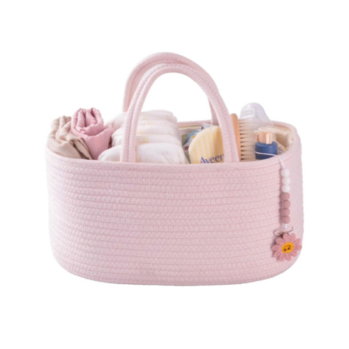 Baby Diaper Caddy Organizer for Girl Boy Rope Nursery Storage Bin Basket Portable Holder Tote Bag for Changing Table Car Travel Baby Shower Gifts Newborn Essentials Registry Must Have Items Pink