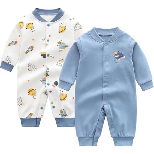 Newborn Baby Boys 2 Pack Cotton Romper Outfits Infant Long Sleeve One-Piece Toddler Button Jumpsuits