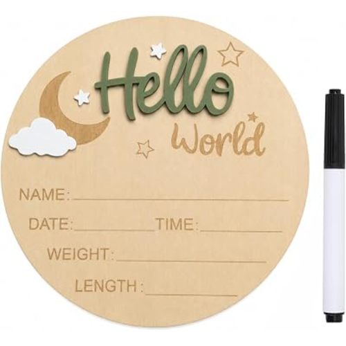Baby Announcement Sign, 5.9 Inch Wooden Hello World Newborn Signs, Birth Announcement Sign and Pen, Moon and White Cloud Decoration, Welcome Newborn Arrival to World, Hospital Nursery for baby (Forest Green)