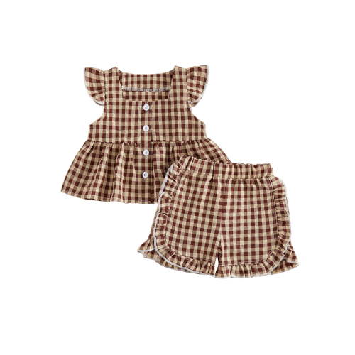 Loicainy Toddler Baby Girls 2Pcs Plaid Outfits 6 12 18 24 Months 2T 3T 4T Flying Sleeve Square Neck Tops and Elastic Waist Shorts Summer Clothes Set