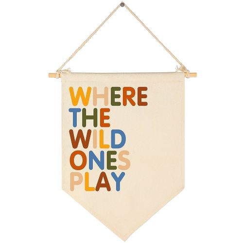 Where The Wild Ones Play - Canvas Hanging Pennant Flag Banner Wall Sign Decor Gift for Nursery Baby Kids Girl Boy Teen Bedroom Playroom Front Door- Baby Gift Shower Flay-Birthday Christmas Gift