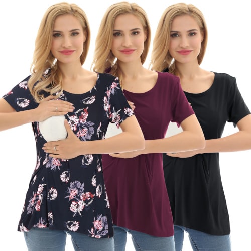 Bearsland Women Short Sleeve Maternity Plus Nursing Shirt Breastfeeding Top Blouse 3-Pack