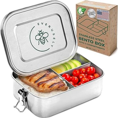 Everusely - Bento Box - Stainless Steel Lunch Box for Adults - 40 oz, 1.2 L - 3 Compartment Snack Container with Removable Silicone Seal + Secure Lock Clips - Non Plastic, Leakproof, Dishwasher Safe