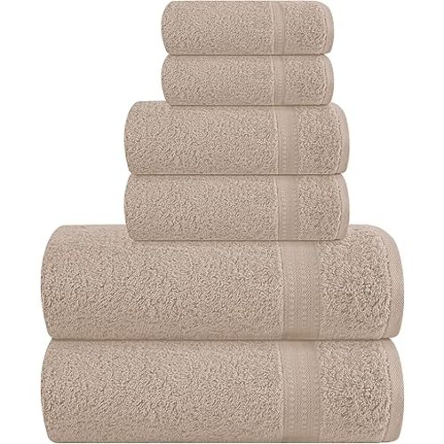 MyOwn 6 Piece Towel Set, 100% Combed Cotton - 2 Bath Towels, 2 Hand Towels, 2 Wash Cloths - 500 GSM Luxury Hotel Quality Ultra Soft Highly Absorbent Towel Set for Bathroom - Tan