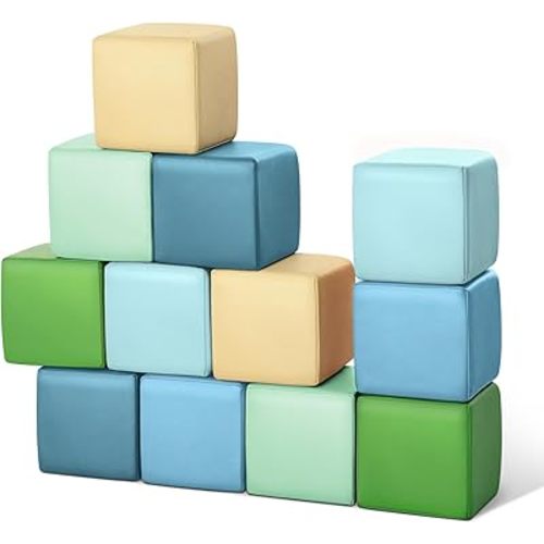 Todiby Foam Building Blocks for Toddlers：12-Pieces Wipeable Leather Stacking Cubes Kids - Large Soft Toys Play Set for Learning Construction Baby Preschool Daycare Therapy Birthday Gift (Yellow Green)