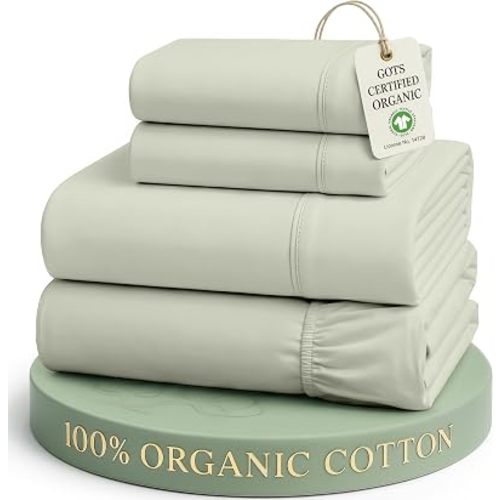 LANE LINEN 100% Organic Cotton Eco Friendly Full Size Sheet & Pillowcase Sets, Fully Elasticized Soft & Comfy Percale Bedding, Naturally Temperature Regulating Cotton Sheets Full- Mineral