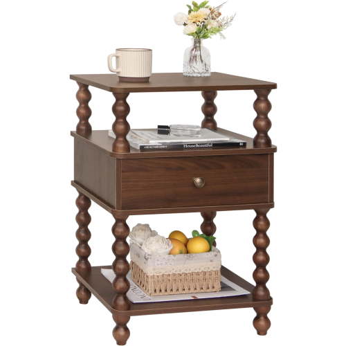Mid Century Modern Nightstand, Bedside Table with Storage, 3-Tier Small Night Stand End Table with Drawer for Bedroom &Solid Spindle , Walnut Brown