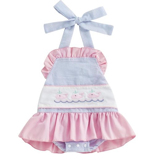 Baby Girl Crab Outfit Crawfish Embroidery Sleeveless Plaid Romper Dress Halter Ruffle Bodysuit Newborn Summer Clothes