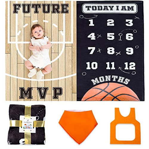 Baby Monthly Milestone Blanket Boy / Girl | Basketball Theme | Includes Frame and Bib | Large 47"x40" | Personalized Baby Swaddle?