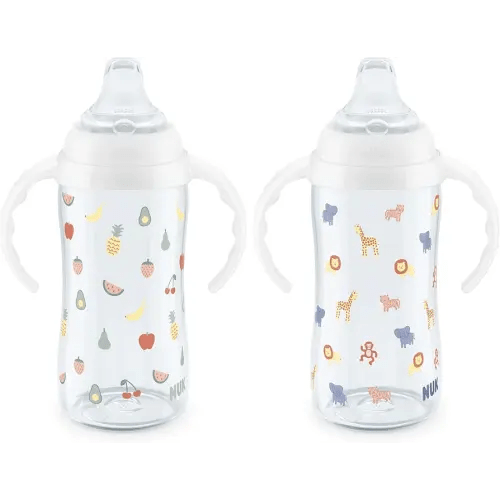NUK Learner Cup, 8+ Months, Fun Fruits and Animals, Amazon Exclusive Collection, 10 Oz, Pack of 2, BPA-Free, Soft Spout, Spill Proof Sippy Cup