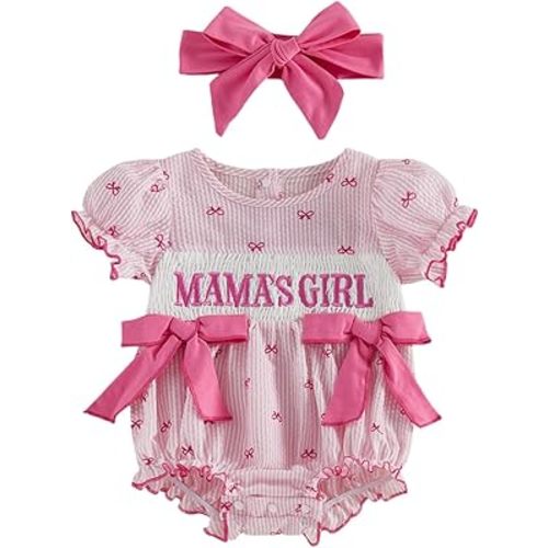 FIOMVA Toddler Baby Girl Clothes Summer Smocked Bubble Romper Embroidery Onesie Short Sleeve Bodysuit Cute Outfits