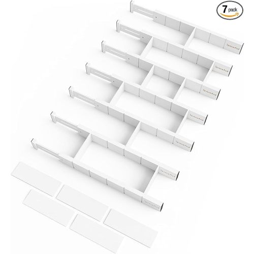 SpaceAid Bamboo Drawer Dividers with Inserts and Labels, Kitchen Adjustable Drawer Organizers, Expandable Organization for Home, Office, Dressers, 7 Dividers with 15 Inserts (17"-22" White)