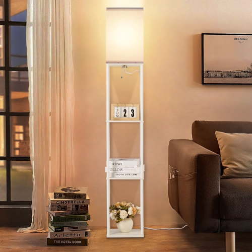 Vesteel Floor Lamp with Shelves, Standing Lamp with 3 Color Adjustable LED Bulb for Living Room, Modern Square Lamp for Bedroom Office Kid Room