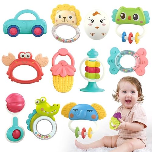 Qizebaby Baby Toys 6 to 12 Months, 12PCS Rattle Baby Teething Toys, Shaker Grab and Spin Rattles Toy, Music Learning Toys for 0 1 2 3 4 5 6 7 8 9 10 11 12 Month Newborn Baby Infant Toddlers Boys Girls - 12 PCS