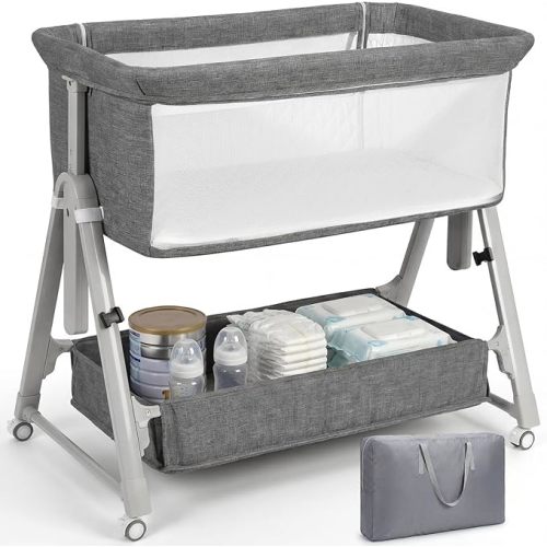 Cowiewie Baby Bassinet Bedside Crib,3-in-1 Baby Bassinet with Comfy Mattress & Wheel,Easy Folding Portable Bedside Bassinet for Baby with Storage,Travel Bag,Breathable Mesh,Stable & Secure,Light Grey