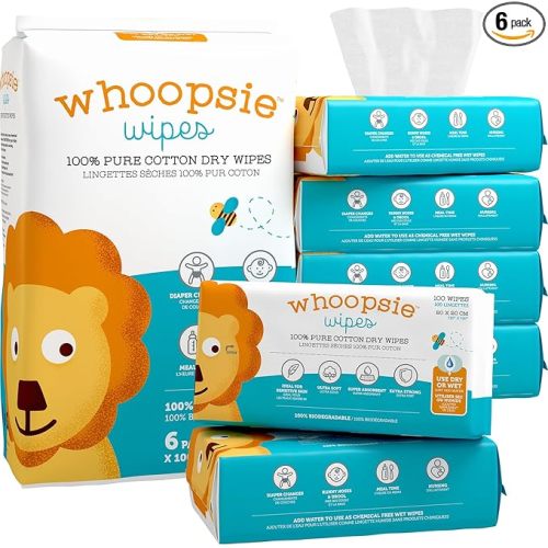Whoopsie Wipes – The Original 100% Pure Cotton Dry Baby Wipes – Ultra Soft, Unscented, Chemical-Free Wipes for Sensitive Skin – Use Dry or Add Water for Wet Wipes – 6 Packs (600 Count)