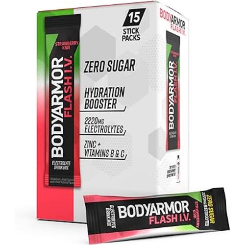 BODYARMOR Flash IV Electrolyte Packets, Strawberry Kiwi - Zero Sugar Drink Mix, Single Serve Packs, Coconut Water Powder (15 Count)