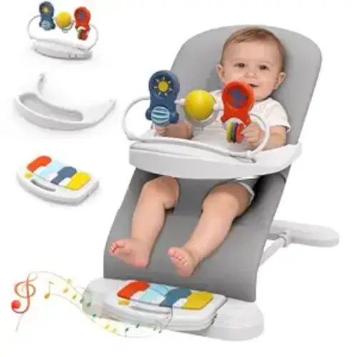 Baby Bouncer Seat, 3-Speed Adjustable Height Baby Bouncer Seat, 4-in-1 Bouncer Seat for Babies 0-6 Months, Detachable Piano Pedals, Feeding Tray