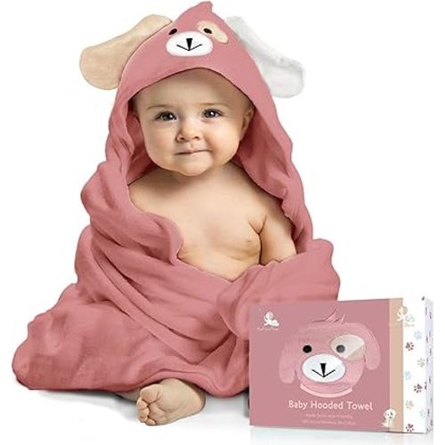 Baby Hooded Towel, Soft & Absorbent Viscose Derived from Bamboo, Extra Large 35 x 35 Inches, Bath Towel for Newborns, Infants & Toddlers, Mauve Rose