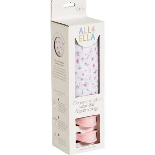 Organic Muslin Swaddle & 2 Pram Peg Gift Set - Pink Petals