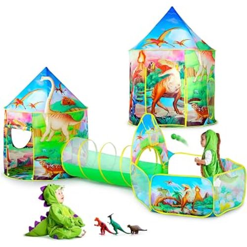 3PC Dinosaur Tent for Girls with Kids Ball Pit, Kids Play Tents and Crawl Tunnel for Toddlers, Pink Pop Up Playhouse Toys for Baby Indoor& Outdoor Tent Games, Birthday Kid’s Gifts