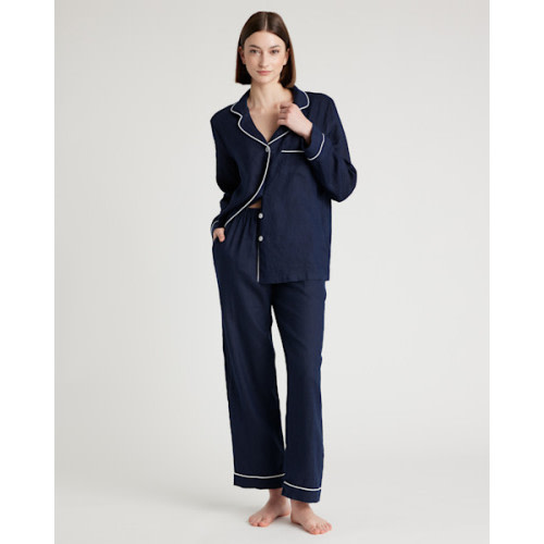 100% European Linen Long Sleeve Pajama Set with Piping in Deep Navy