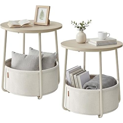 SONGMICS HOME Small Side Tables, Round End Tables, 2 Tier Nightstands with Basket, U Shaped Steel Legs, Easy Assembly, for Living Room, Bedroom, Set of 2, Beige and White