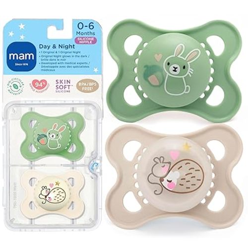MAM Original Baby Pacifiers 0-6 Months, Binky for Newborn Babies, BPA-Free Skin Soft Silicone Nipple, Glows in The Dark, Developed with Medical Experts, 2 Count, Sterilizer Case, Made in Europe