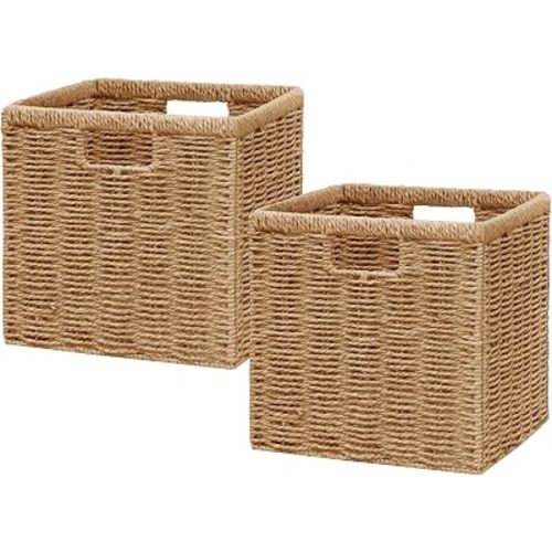 Vagusicc 9 inch Wicker Storage Cubes, Set of 2 Handwoven Wicker Baskets for Storage, Square Cube Organizer Bins, Foldable Paper Rope Storage Baskets for Organizing, Natural