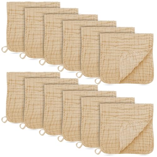 12 Pack Muslin Burp Cloths - Large 20" x 10", Ultra Absorbent 100% Cotton for Baby Drool and Messes - Soft, Gentle Baby Burp Rag for Boys & Girls -Brown