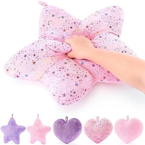 Gloveleya Star Shaped Plush Pillow with Golden Star Shine, Cute 3D Star Cushion for Bedroom, Sofa, or Chair, Aesthetic Decorative Pillow, Cozy 15-Inch Accent Pillow (Pink).