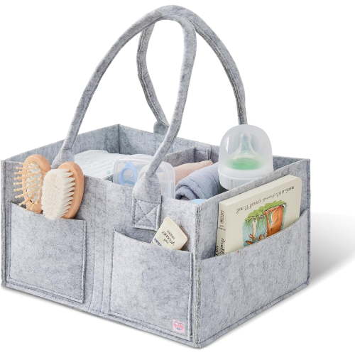 Upgraded Baby Diaper Caddy Organizer, Portable Nursery Storage Bin with Handle, Side Pockets Car Organizer for Diapers and Baby Wipes Essentials, Registry Gift Baskets (Small-Grey)