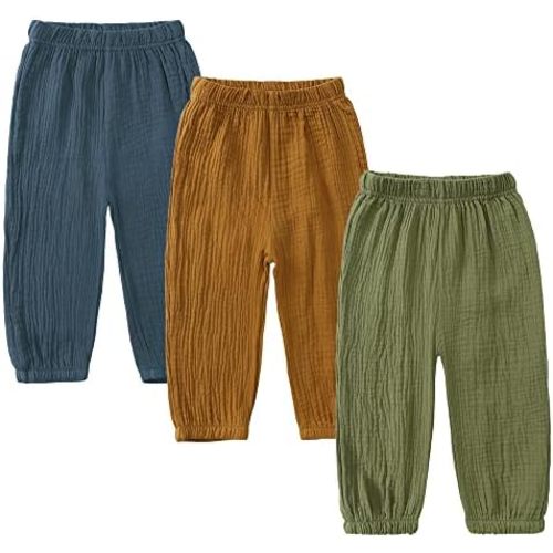 Kids Tales 3 Pack Boys Girls Cotton Linen Pants Child Basic Plain Solid Trousers Big Kids Elastic Waist Long Pants Bloomers