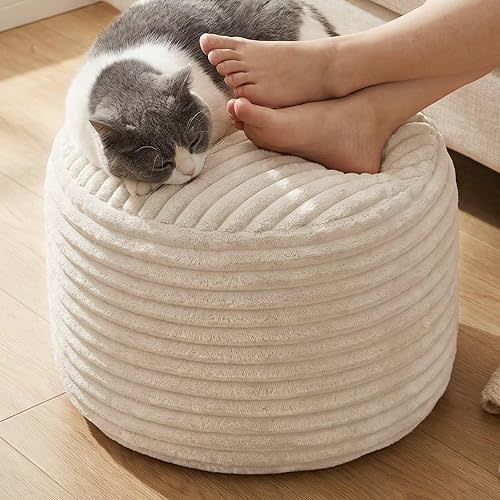 Stuffed Pouf Ottoman,Round Corduroy Ottoman Foot Rest,Soft Foot Stool with Shredded Foam Filling,Supportive Pouf with Removable Washable Cover,Easy to Move for Living Room Bedroom 20"x15" 12lb