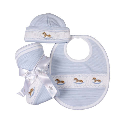 Blue Hand Smock Blanket, Hat and Bib.