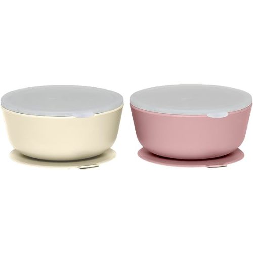 WeeSprout Suction Bowls for Baby & Toddlers (Set of 2) - 100% Silicone w/Plastic Lid - Leak Proof Feeding Supplies - Dishwasher & Microwave Safe Infant Dinnerware w/Extra Strong Base - Muted Pink + Muted Off White