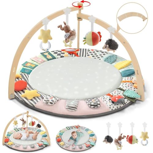 Baby Play Mat Activity Gym,6 Developmental Zones Tummy Time Mat, Foldable Wooden Baby Play Gym with 7 Detachable Sensory Toys for Newborn Brain Development, Essential Baby Shower Set