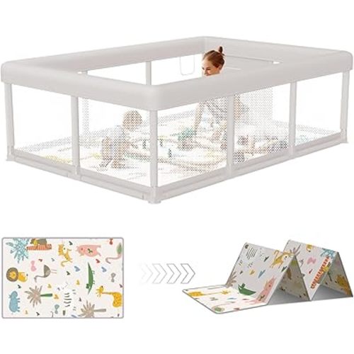 Hiaksedt Baby Playpen 74x50 in PlayPen for Babies and Toddlers, Large Play Yards for Indoor & Outdoor with Zipper Gates, Breathable Mesh with Mat