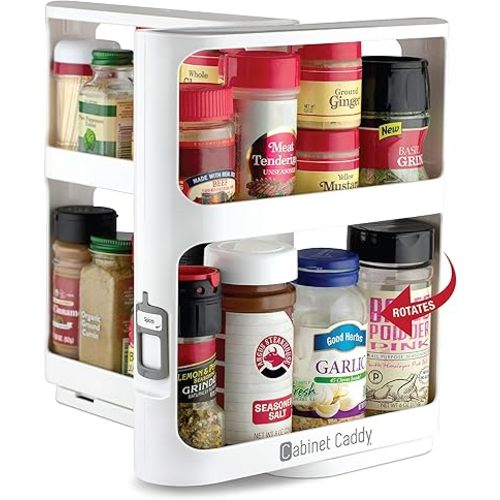 Cabinet Caddy Spice Rack Organizer for Cabinet - Slide & Rotate Kitchen Organizers and Storage - 2 Double-Decker Shelves - Non-Skid Base - Magnetic Modular Design - 10.8" H x 5.25" W x 10.8" D