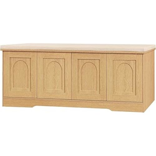 DINZI LVJ Shoe Bench, Entryway Storage Bench with Doors, Cushion, 2-Tier Shoe Rack with 8-Cubby, 47.2”L x 13.8”W Shoe Organizer Cabinet, Adjustable Shelf, Living Room, Bedroom, Natural