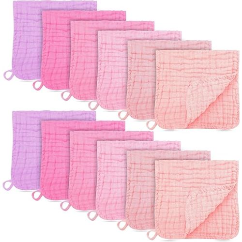 12 Pack Muslin Burp Cloths - Large 20" x 10", Ultra Absorbent 100% Cotton for Baby Drool and Messes - Soft, Gentle Baby Burp Rag for Boys & Girls -Pink, Purple, Sakura Series