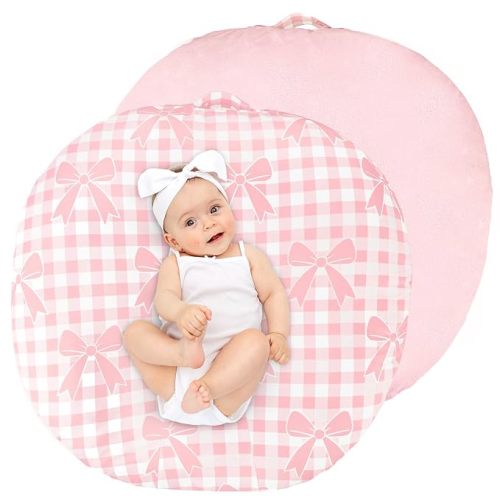 Newborn Lounger Cover, Soft Comfortable Baby Lounger Cover, 1 Pack Reversible Removable Slipover for Infant Lounger Pillow, Pink Gingham Bow (Lounger not Included)