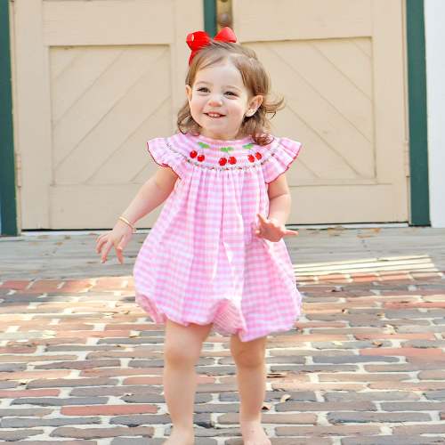 Cherry Smocked Pink Gingham Angel Sleeve Bubble 9M