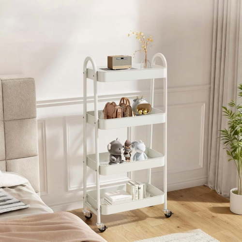 Kelno 4 Tier Rolling Cart Metal Utility Storage Cart Mobile Storage Organizer with Lockable Wheels,White
